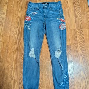 Express Floral Embroidered High Rise Jeans